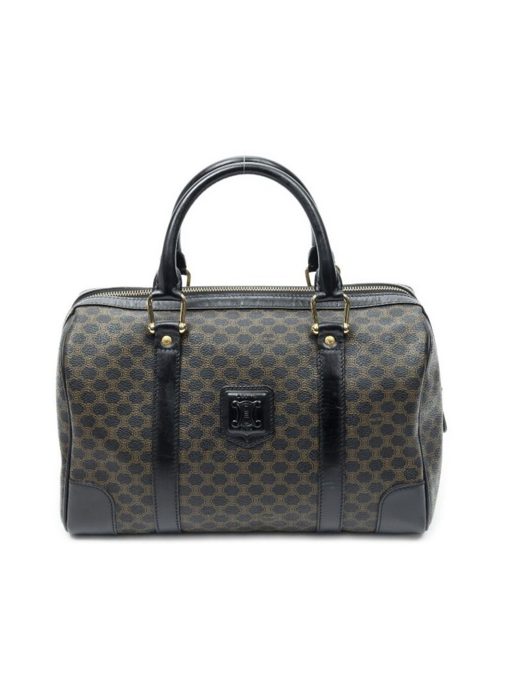 Celine Vintage Small Boston Black Brown Macadam Canvas Handbag